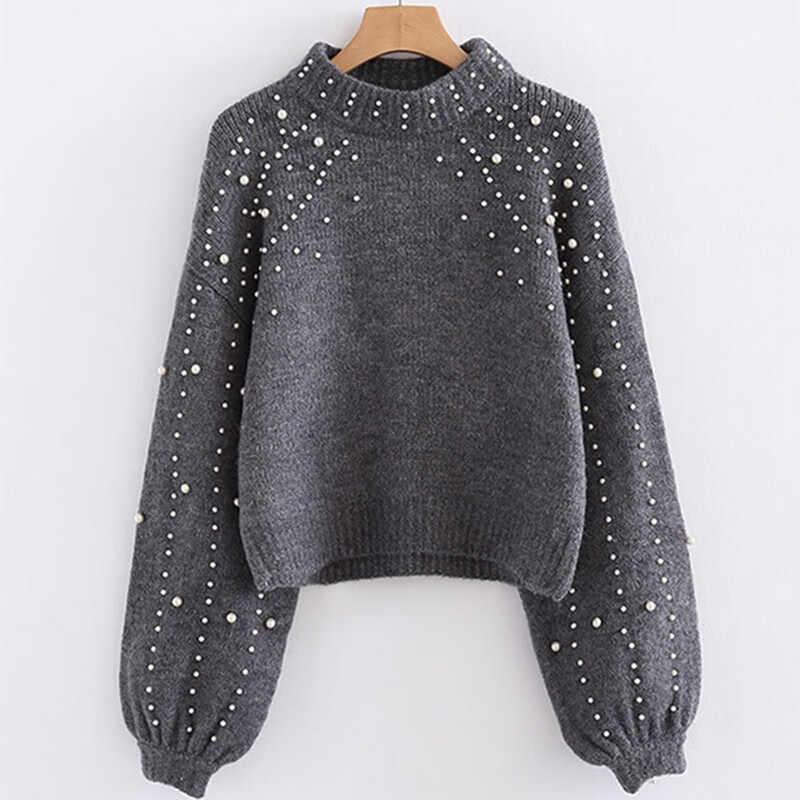  European and American short, loose hand-made nail bead semi high collar sweater.
