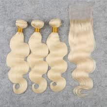 bundles-with-closure-Peruvian Virgin Platinum Blonde 3pcs paquetes de onda del cuerpo con la parte libre del cord&oacute;n de cierre luz Honey Blonde cabello humano Weave Weft Sale on JD
